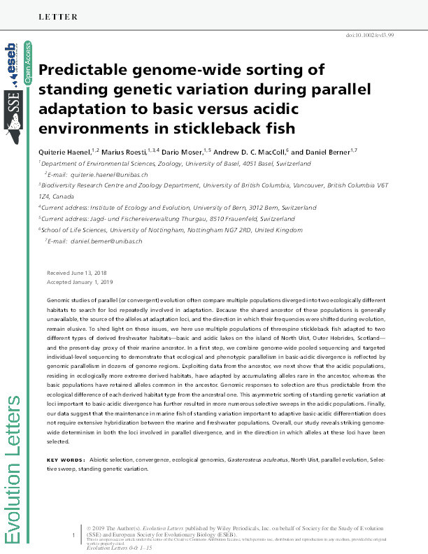 Predictable genome-wide sorting of standing genetic variation during parallel adaptation to basic versus acidic environments in stickleback fish Thumbnail