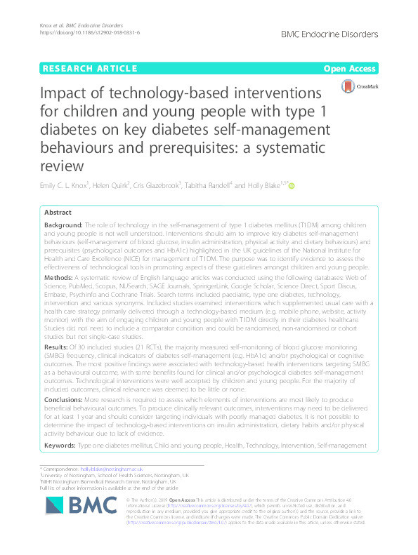Impact of technology-based interventions for children and young people with type 1 diabetes on key diabetes self-management behaviours and prerequisites: a systematic review Thumbnail