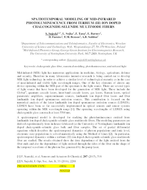 Spatiotemporal modeling of mid-infrared photoluminiscence from Terbium (III) ion doped chalcogenide-selenide multimode fibers Thumbnail