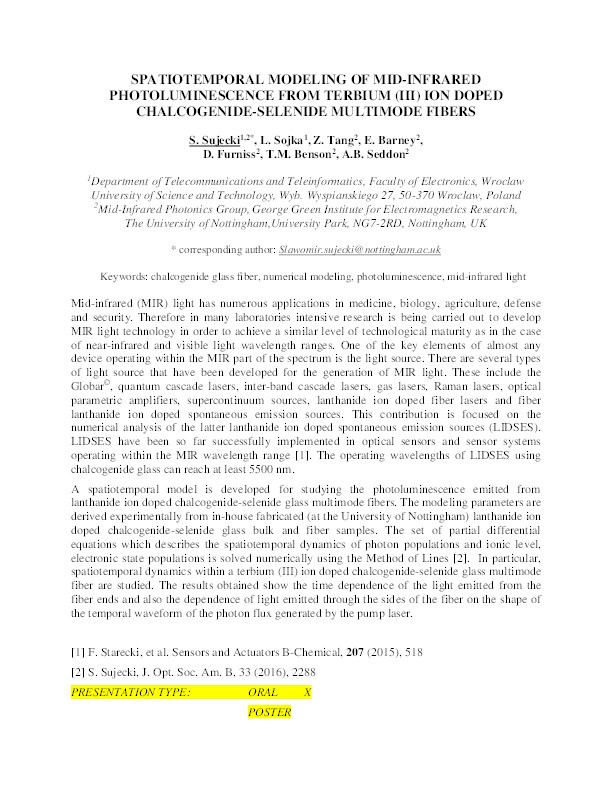 Spatiotemporal modeling of mid-infrared photoluminiscence from Terbium (III) ion doped chalcogenide-selenide multimode fibers Thumbnail