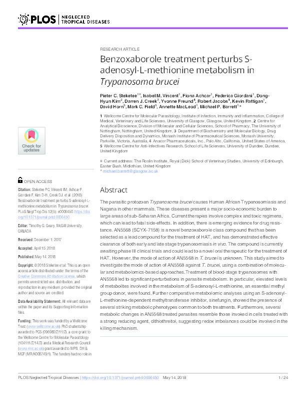 Benzoxaborole treatment perturbs S-adenosyl-L-methionine metabolism in Trypanosoma brucei Thumbnail