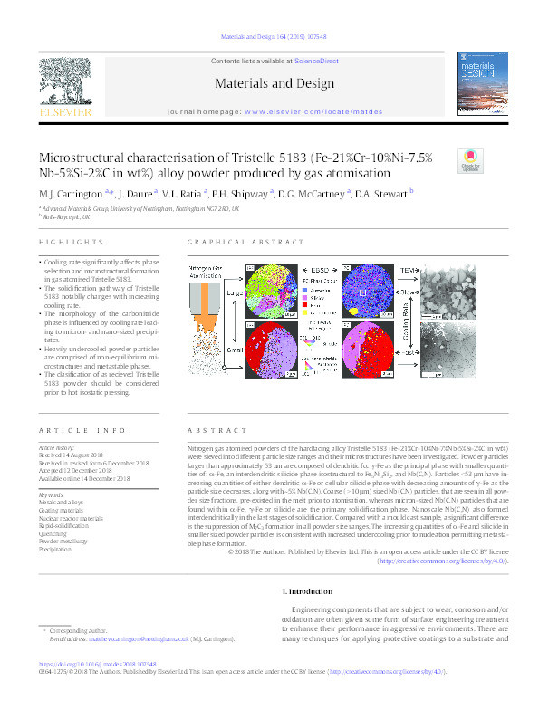 Microstructural characterisation of Tristelle 5183 (Fe-21%Cr-10%Ni-7.5%Nb-5%Si-2%C in wt%) alloy powder produced by gas atomisation Thumbnail