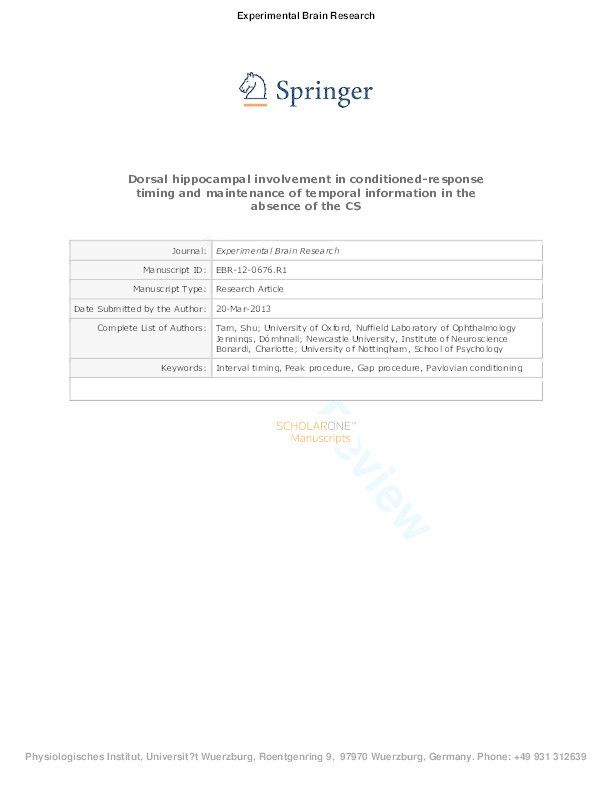 Dorsal hippocampal involvement in conditioned-response timing and maintenance of temporal information in the absence of the CS Thumbnail