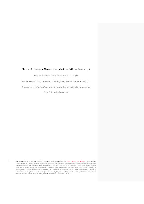 Shareholder voting in mergers and acquisitions: evidence from the UK Thumbnail