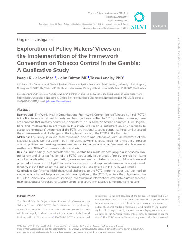 Exploration of Policy Makers’ Views on the Implementation of the Framework Convention on Tobacco Control in the Gambia: A Qualitative Study Thumbnail