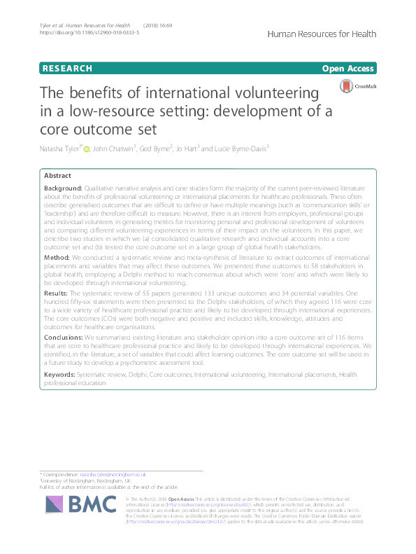 The benefits of international volunteering in a low-resource setting: development of a core outcome set Thumbnail
