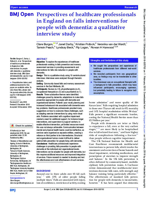 Perspectives of healthcare professionals in England on falls interventions for people with dementia: a qualitative interview study Thumbnail