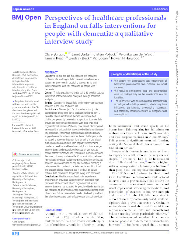 Perspectives of healthcare professionals in England on falls interventions for people with dementia: a qualitative interview study Thumbnail