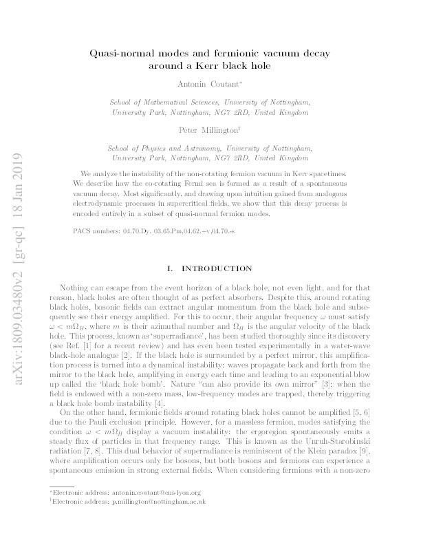 Quasi-normal modes and fermionic vacuum decay around a Kerr black hole Thumbnail