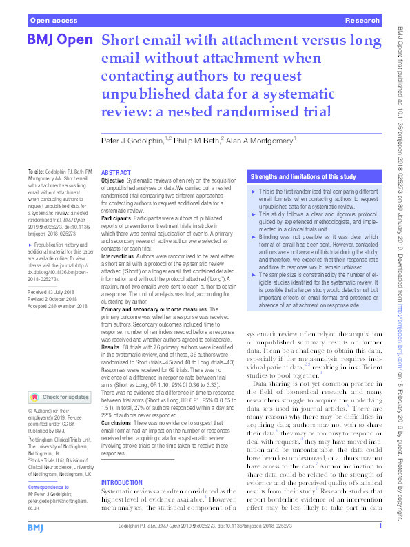 Short email with attachment versus long email without attachment when contacting authors to request unpublished data for a systematic review: a nested randomised trial Thumbnail