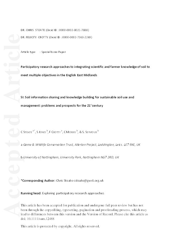 Participatory research approaches to integrating scientific and farmer knowledge of soil to meet multiple objectives in the English East Midlands Thumbnail