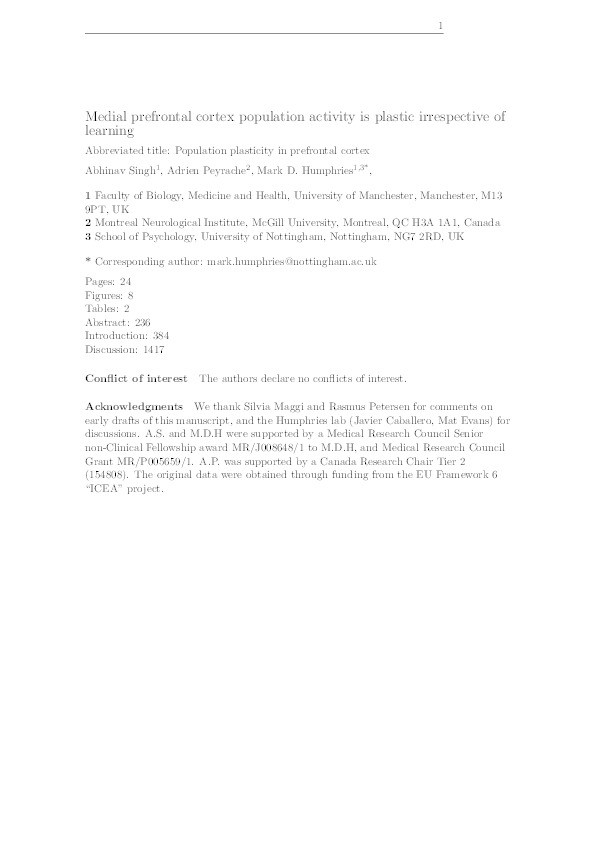 Medial prefrontal cortex population activity is plastic irrespective of learning Thumbnail