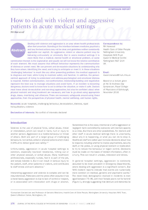 How to deal with violent and aggressive patients in acute medical settings Thumbnail