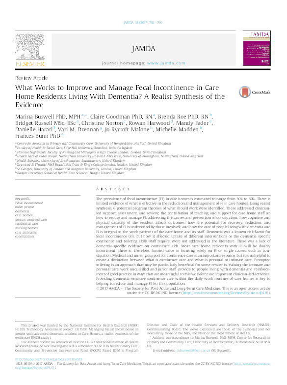 What Works to Improve and Manage Fecal Incontinence in Care Home Residents Living With Dementia? A Realist Synthesis of the Evidence Thumbnail