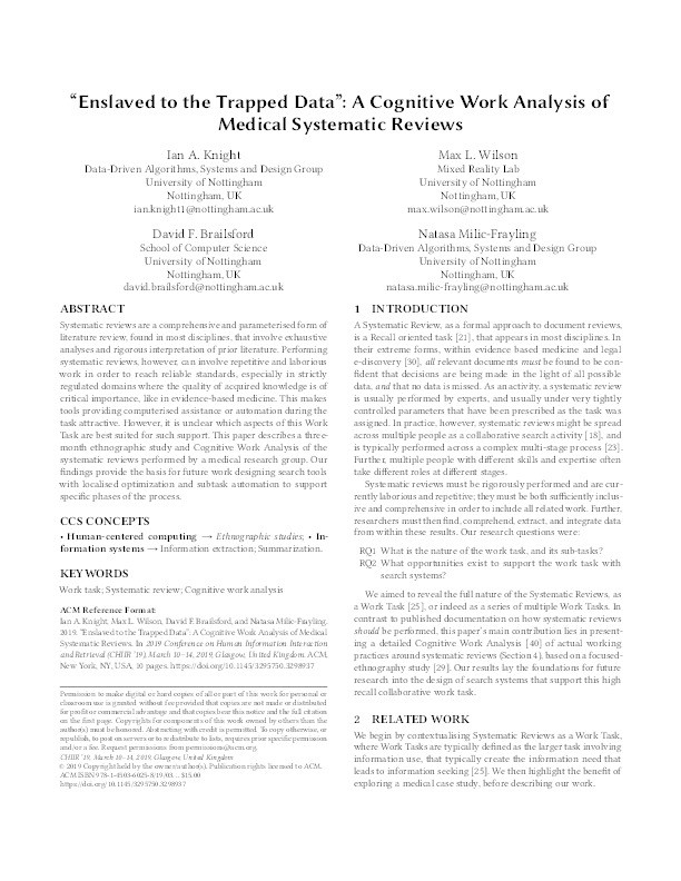 Enslaved to the Trapped Data: A Cognitive Work Analysis of Medical Systematic Reviews Thumbnail