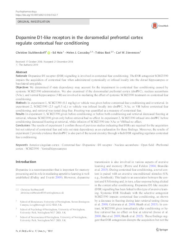 Dopamine D1-like receptors in the dorsomedial prefrontal cortex regulate contextual fear conditioning Thumbnail