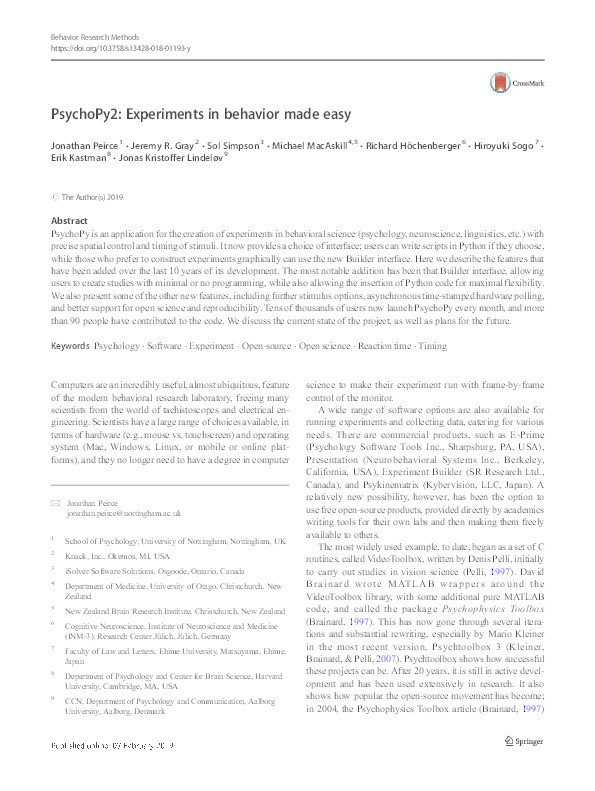 PsychoPy2: experiments in behavior made easy Thumbnail