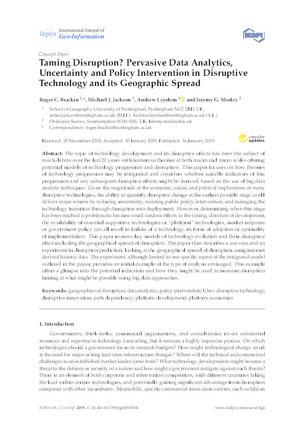 Taming disruption?: pervasive data analytics, uncertainty and policy intervention in disruptive technology and its geographic spread Thumbnail