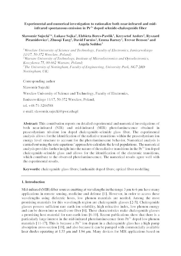 Experimental and numerical investigation to rationalize both near-infrared and mid-infrared spontaneous emission in Pr3+ doped selenide-chalcogenide fiber Thumbnail