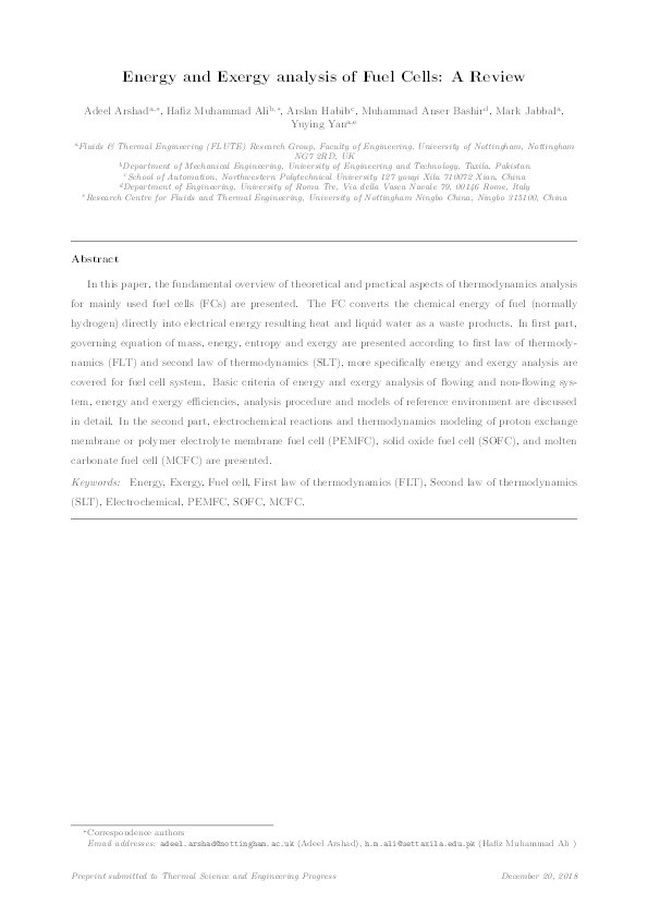 Energy and exergy analysis of fuel cells: a review Thumbnail