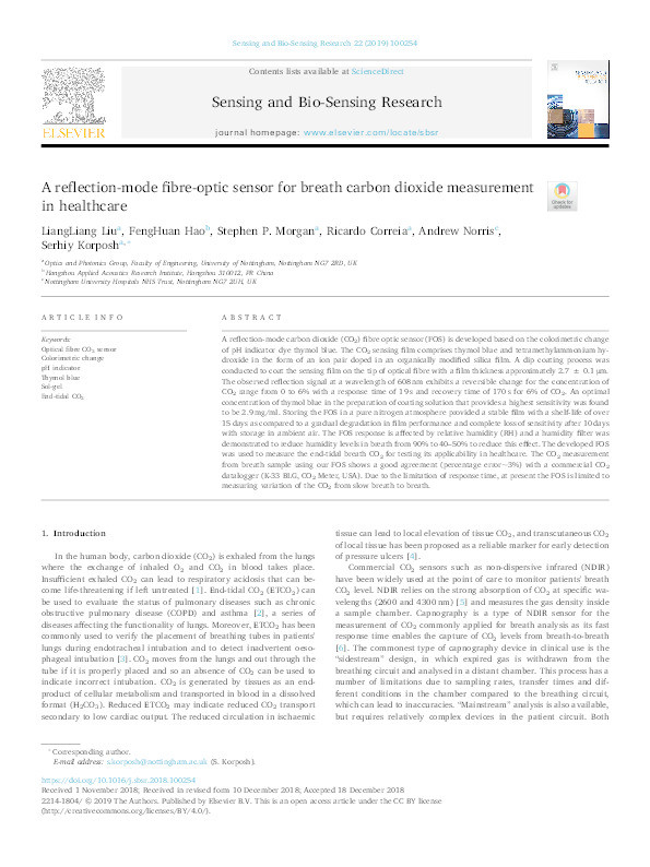 A reflection-mode fibre-optic sensor for breath carbon dioxide measurement in healthcare Thumbnail