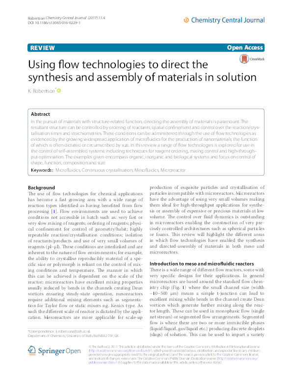 Using flow technologies to direct the synthesis and assembly of materials in solution Thumbnail