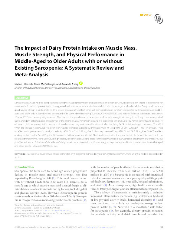 The impact of dairy protein intake on muscle mass, muscle strength, and physical performance in middle-aged to older adults with or without existing sarcopenia: a systematic review and meta-analysis Thumbnail