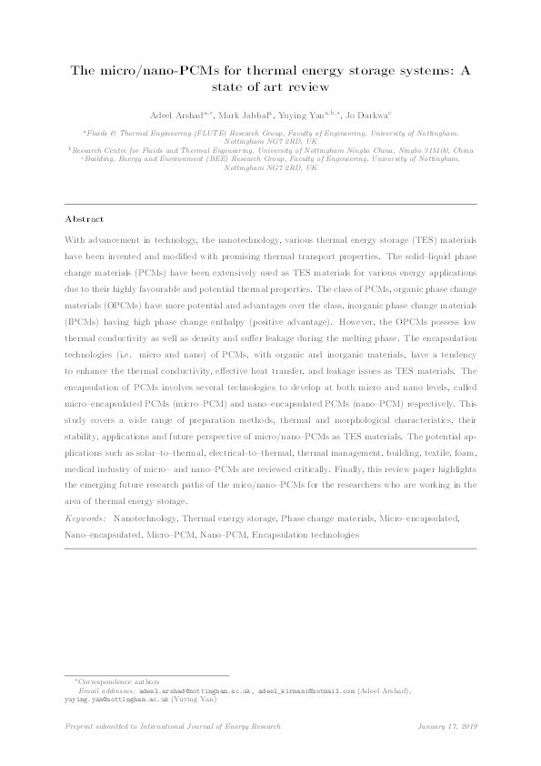 The micro‐/nano‐PCMs for thermal energy storage systems: A state of art review Thumbnail