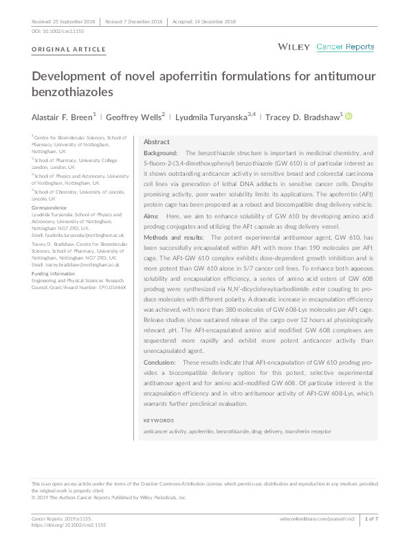 Development of novel apoferritin formulations for antitumour benzothiazoles Thumbnail