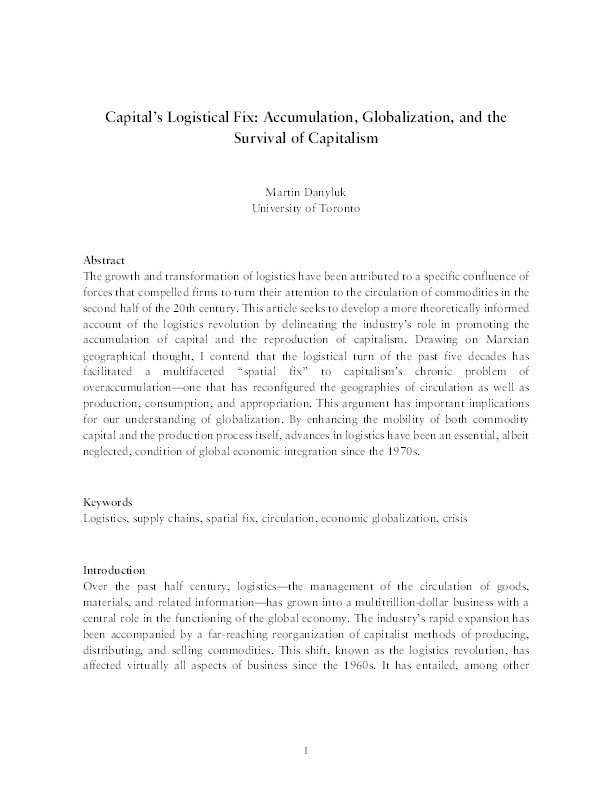 Capital’s logistical fix: Accumulation, globalization, and the survival of capitalism Thumbnail