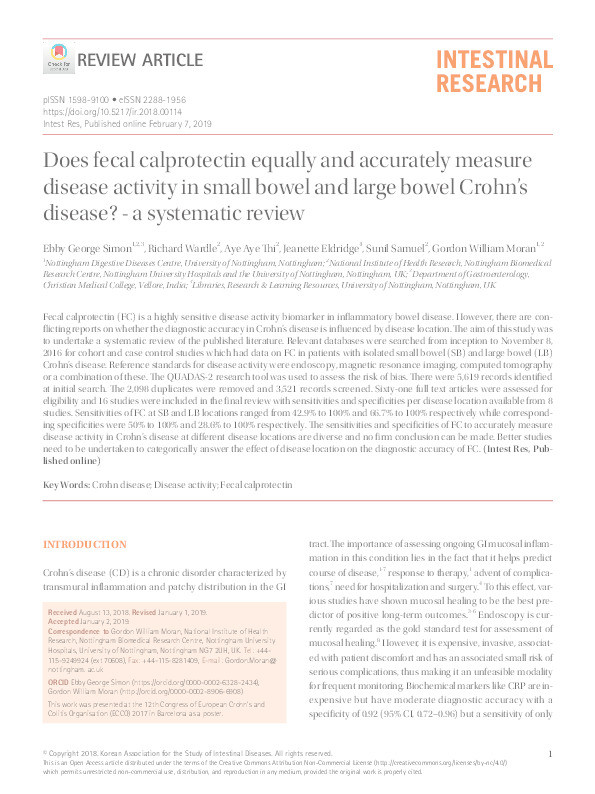 Does fecal calprotectin equally and accurately measure disease activity in small bowel and large bowel Crohn's disease?  A systematic review Thumbnail