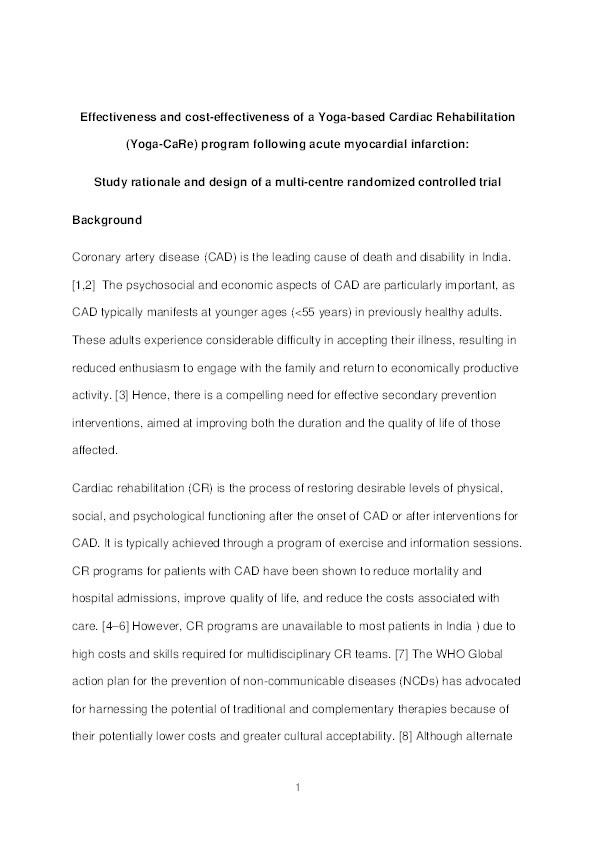 Effectiveness and cost-effectiveness of a Yoga-based Cardiac Rehabilitation (Yoga-CaRe) program following acute myocardial infarction: study rationale and design of a multi-centre randomized controlled trial Thumbnail