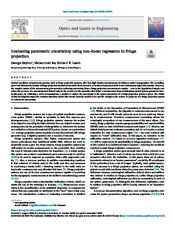 Evaluating parametric uncertainty using non-linear regression in fringe projection Thumbnail