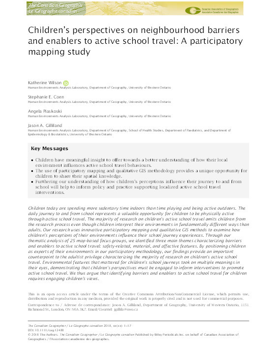 Children's perspectives on neighbourhood barriers and enablers to active school travel: A participatory mapping study: Children's perspectives on active school travel Thumbnail