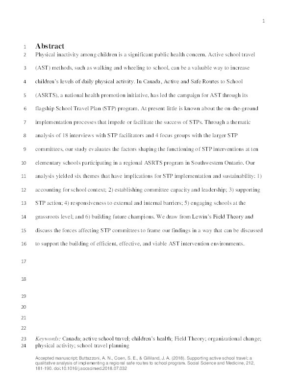 Supporting active school travel: a qualitative analysis of implementing a regional safe routes to school program Thumbnail