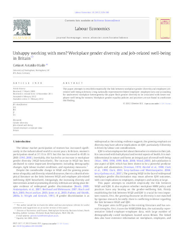 Unhappy working with men? Workplace gender diversity and employee job- related well-being in Britain: a WERS2004 based analysis Thumbnail