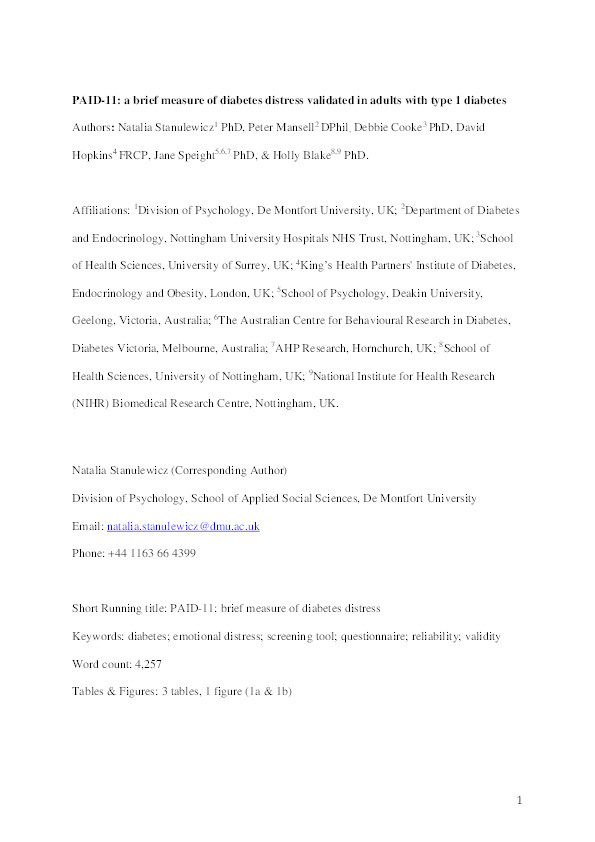 PAID-11: a brief measure of diabetes distress vaildated in adults with type 1 diabetes Thumbnail
