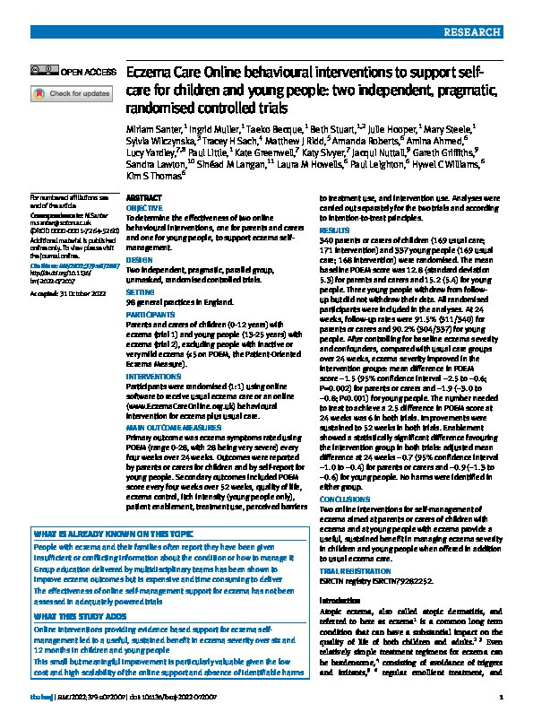 Eczema Care Online behavioural interventions to support self-care for children and young people: two independent, pragmatic, randomised controlled trials Thumbnail