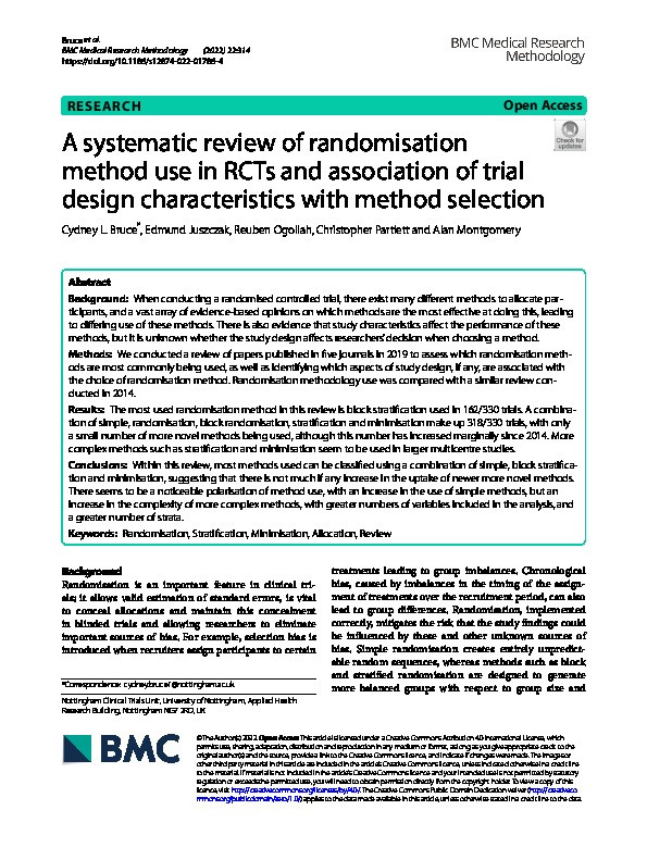 A systematic review of randomisation method use in RCTs and association of trial design characteristics with method selection Thumbnail