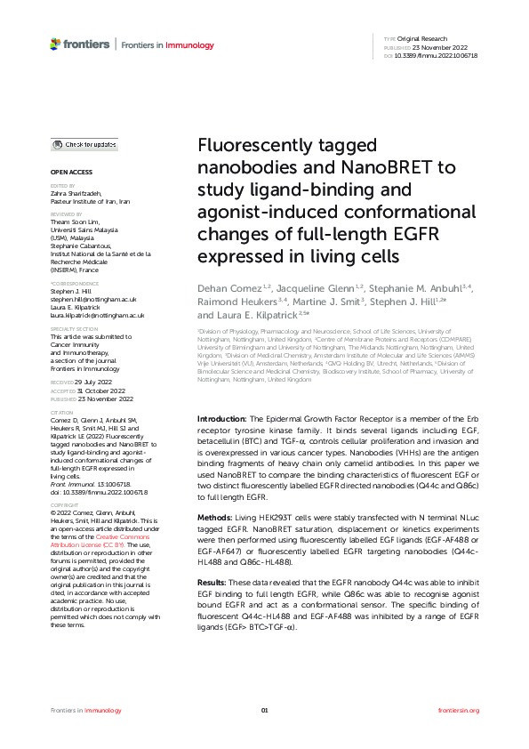 Fluorescently tagged nanobodies and NanoBRET to study ligand-binding and agonist-induced conformational changes of full-length EGFR expressed in living cells Thumbnail