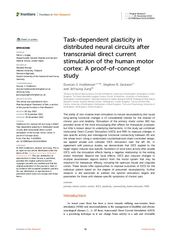 Task-dependent plasticity in distributed neural circuits after transcranial direct current stimulation of the human motor cortex: A proof-of-concept study Thumbnail