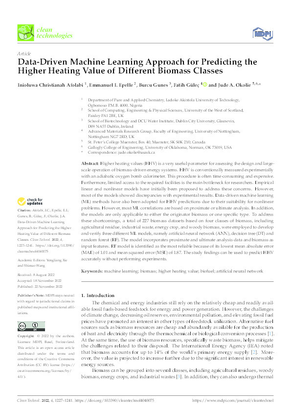 Data-Driven Machine Learning Approach for Predicting the Higher Heating Value of Different Biomass Classes Thumbnail
