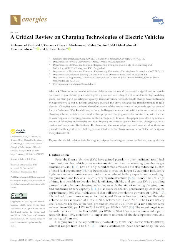 A Critical Review on Charging Technologies of Electric Vehicles Thumbnail