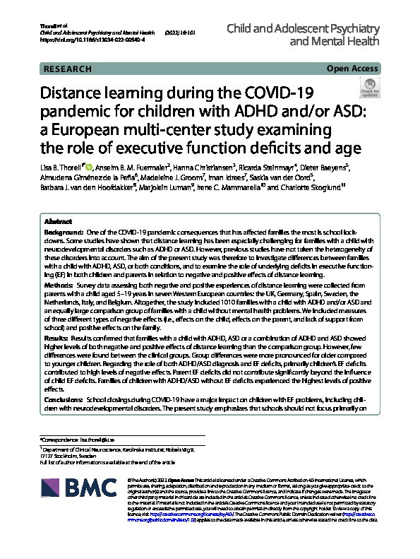 Distance learning during the COVID-19 pandemic for children with ADHD and/or ASD: a European multi-center study examining the role of executive function deficits and age Thumbnail