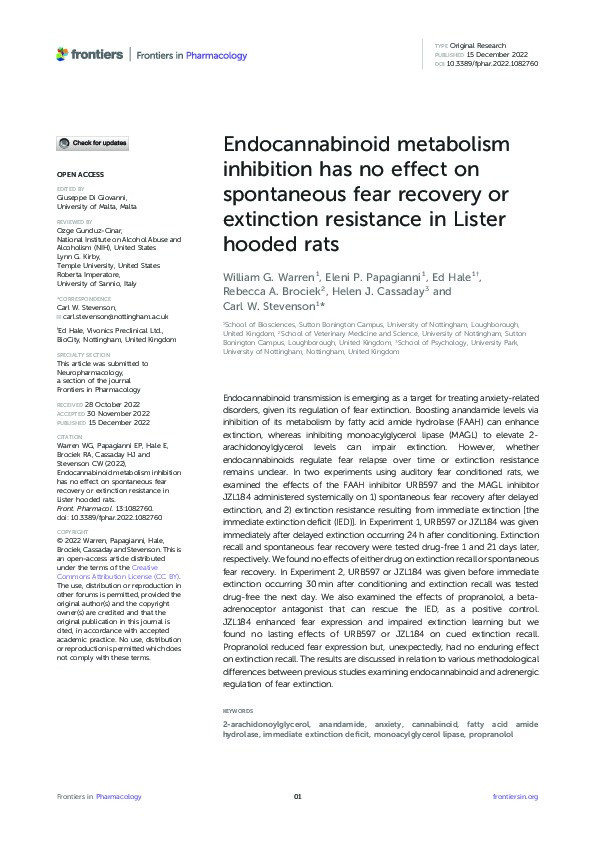 Endocannabinoid metabolism inhibition has no effect on spontaneous fear recovery or extinction resistance in Lister hooded rats Thumbnail
