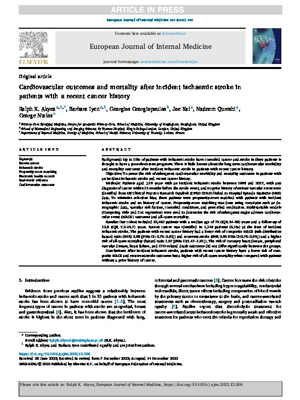 Cardiovascular outcomes and mortality after incident ischaemic stroke in patients with a recent cancer history Thumbnail