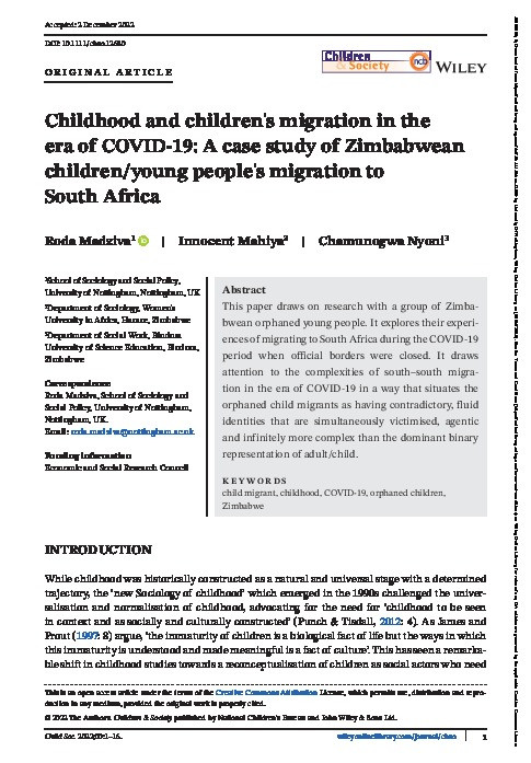 Childhood and children's migration in the era of COVID-19: A case study of Zimbabwean children/young people's migration to South Africa Thumbnail