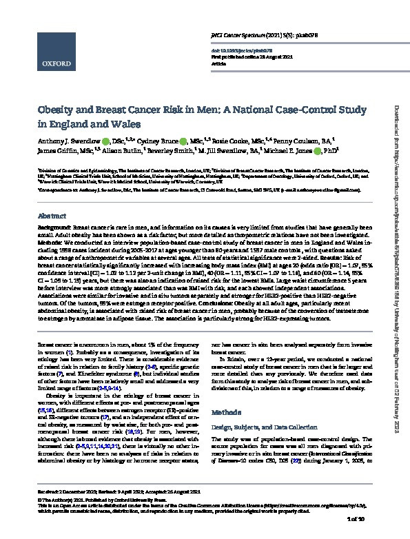 Obesity and Breast Cancer Risk in Men: A National Case-Control Study in England and Wales Thumbnail