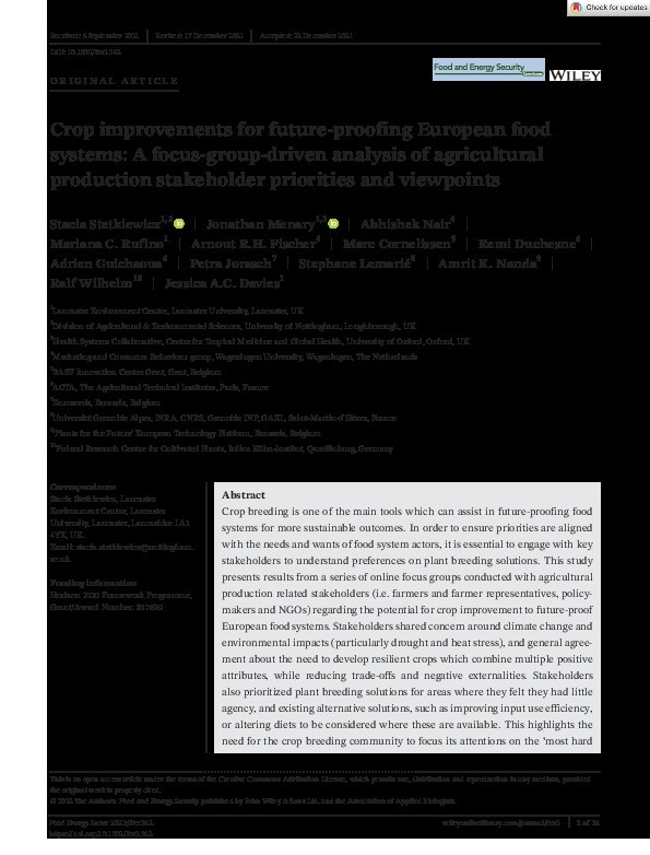 Crop improvements for future‐proofing European food systems: A focus‐group‐driven analysis of agricultural production stakeholder priorities and viewpoints Thumbnail