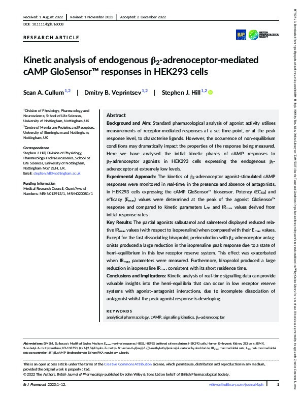 Kinetic analysis of endogenous β2-adrenoceptor-mediated cAMP GloSensorTM responses in HEK293 cells Thumbnail